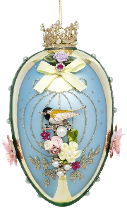 Faberge Jewel Egg Ornament, Blue Green, Bird - 7 Inches