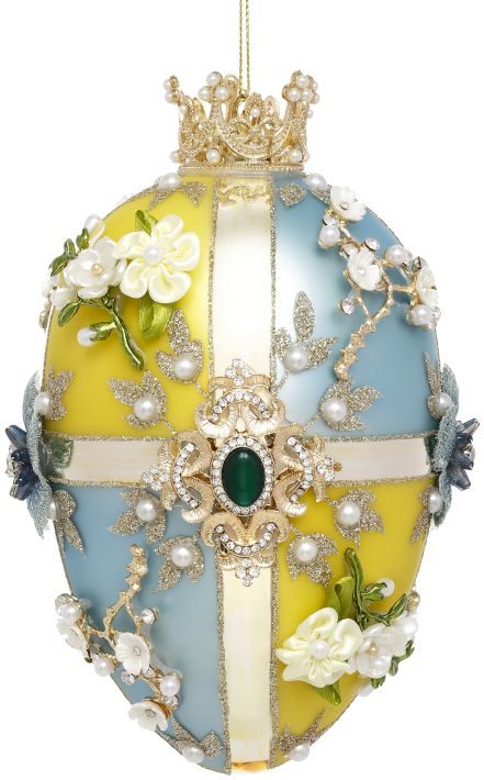 Faberge Jewel Egg Ornament, Blue Yellow, Quatro - 7 Inches