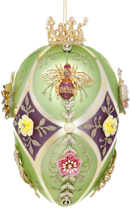 Faberge Jewel Egg Ornament, Green Purple, Dragonfly Swan - 7 Inches