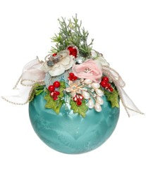 Large Floral Jeweled Ball Ornament, Frosted, Blue - 6.5 Inches - (Set of 2)