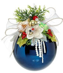 Large Floral Jeweled Ball Ornament, Shiny, Dark Blue - 6.5 Inches - (Set of 2)