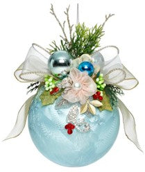 Large Floral Jeweled Ball Ornament, Frosted, Light Blue - 6 Inches - (Set of 2)