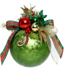 Large Floral Jeweled Ball Ornament, Frosted, Dark Green - 6 Inches - (Set of 2)