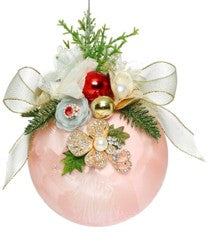 Large Floral Jeweled Ball Ornament, Frosted, Pink- 6 Inches - (Set of 2)