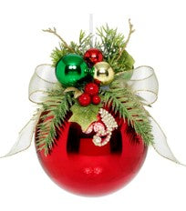 Large Floral Jeweled Ball Ornament, Shiny, Red - 6 Inches - (Set of 2)