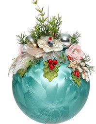 Large Floral Jeweled Ornament, Frosted, Blue - 7.5 Inches - (Set of 2)