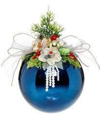 Large Floral Jeweled Ornament, Shiny, Dark Blue - 7.5 Inches - (Set of 2)