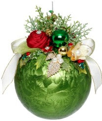 Large Floral Jeweled Ornament, Frosted, Dark Green - 8 Inches - (Set of 2)