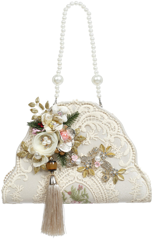 Bead.Tassel Purse/Bag Orn Crm 10" (Ornament)