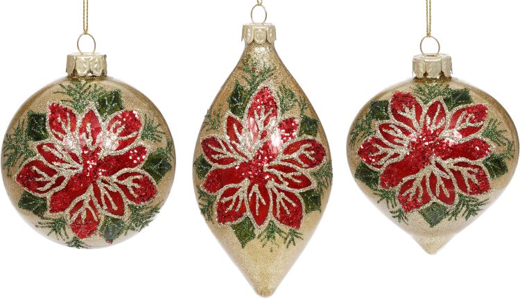 Poinsettia/Holly Ornament 3-5'', (Set of 6)